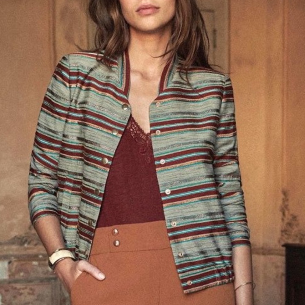 Sezane Striped Button-Front Jacket in Teal, Brown & Rust